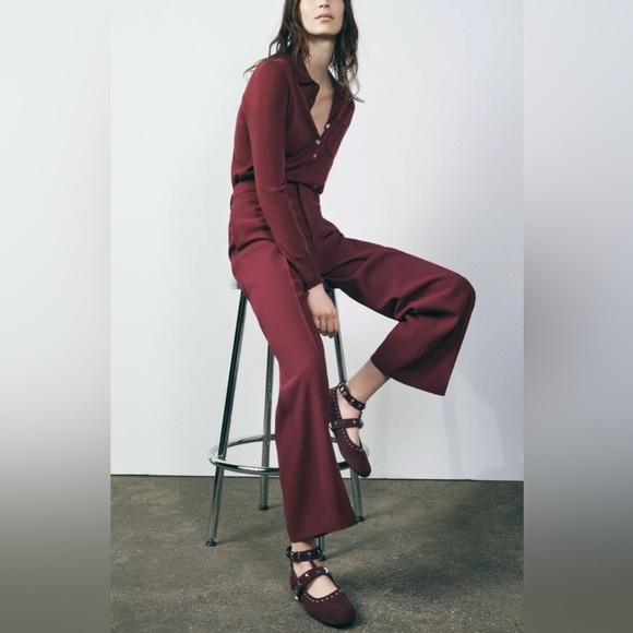 Zara burgundy studded suede ballet flats - Picture 1 of 5